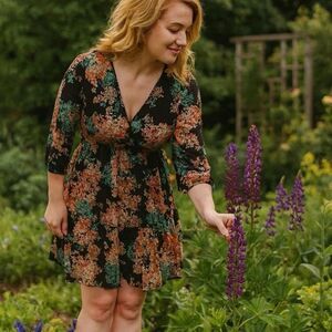 Just Taylor Dress Womens 10 Black Floral Sheer Keyhole blousy babydoll fairy New